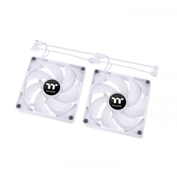 Two white Thermaltake 120mm PC case fans with PWM cables, ideal for cooling computer hardware.