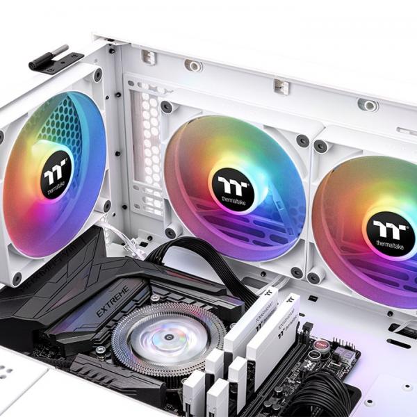 RGB cooling fans and motherboard inside white PC case, ideal for IT hardware setups
