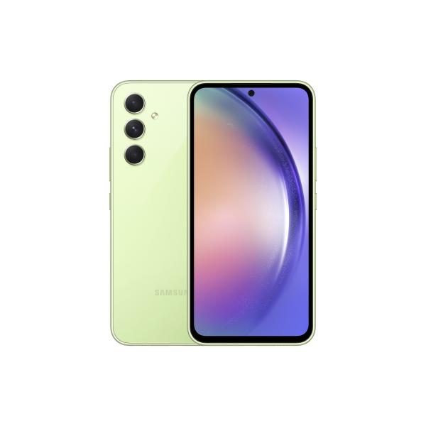 Samsung smartphone in light green with triple rear cameras and vibrant display