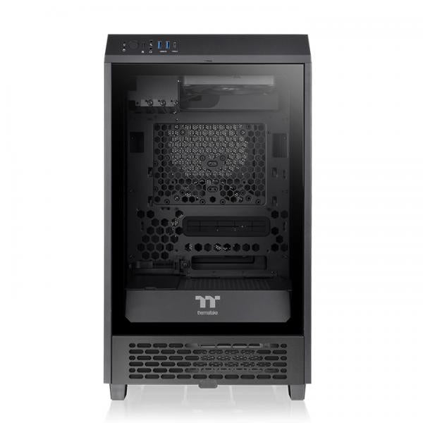 Thermaltake PC case with tempered glass side panel, USB ports, and internal cooling mesh for IT hardware