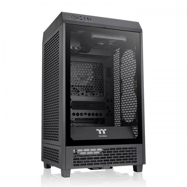 Black Thermaltake PC case with mesh panels and tempered glass side panel for IT hardware