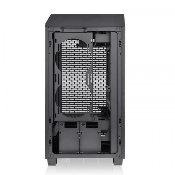 Black ATX PC case with mesh front panel, internal drive bays, and cable management slots for custom builds