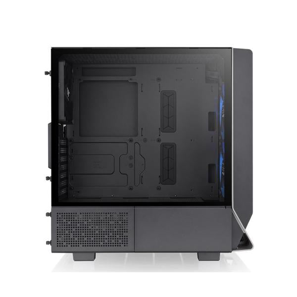 Black ATX PC case with tempered glass side panel, internal drive bays, and rear I/O cutouts for IT hardware setup