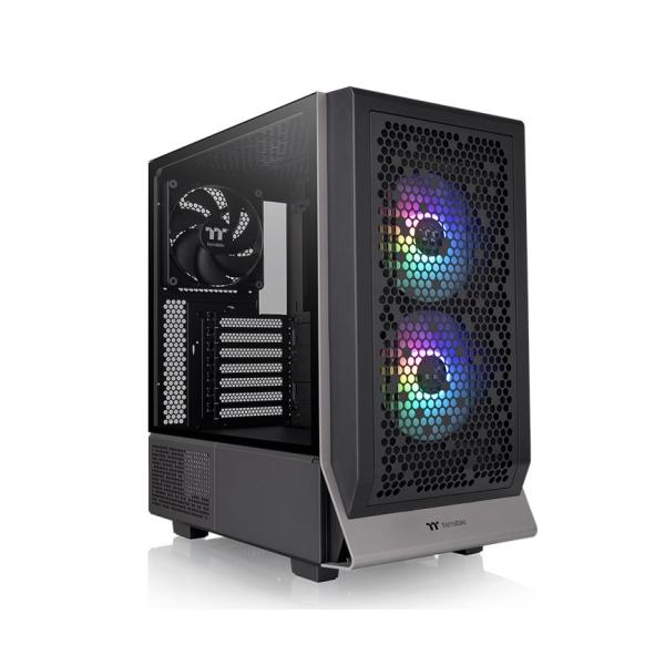 Black PC case with RGB fans, mesh front panel, and tempered glass side, ideal for gaming or IT builds.