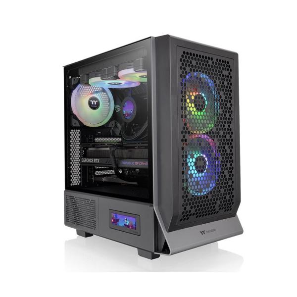 RGB gaming PC case with tempered glass, dual front fans, and GeForce RTX graphics card visible inside