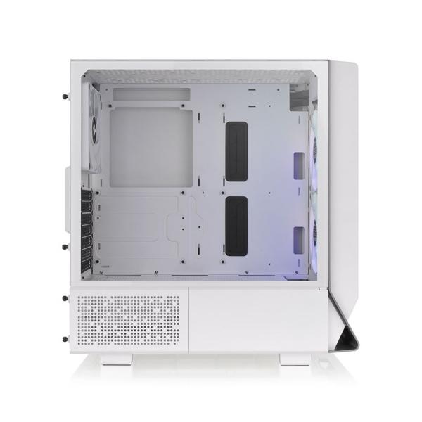 White mid-tower PC case with tempered glass side panel, internal RGB fans, and cable management slots for custom builds