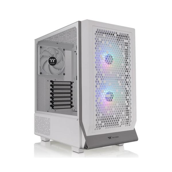 White gaming PC case with RGB fans and mesh front panel, ideal for custom builds and IT hardware