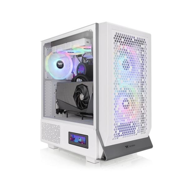 White RGB gaming PC case with tempered glass side panel and front mesh, featuring internal RGB fans and graphics card