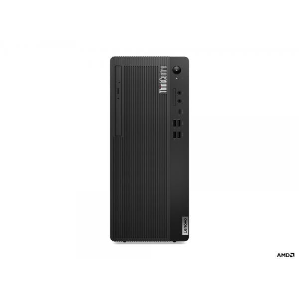Lenovo ThinkCentre desktop PC with AMD processor, sleek black design, front ports visible
