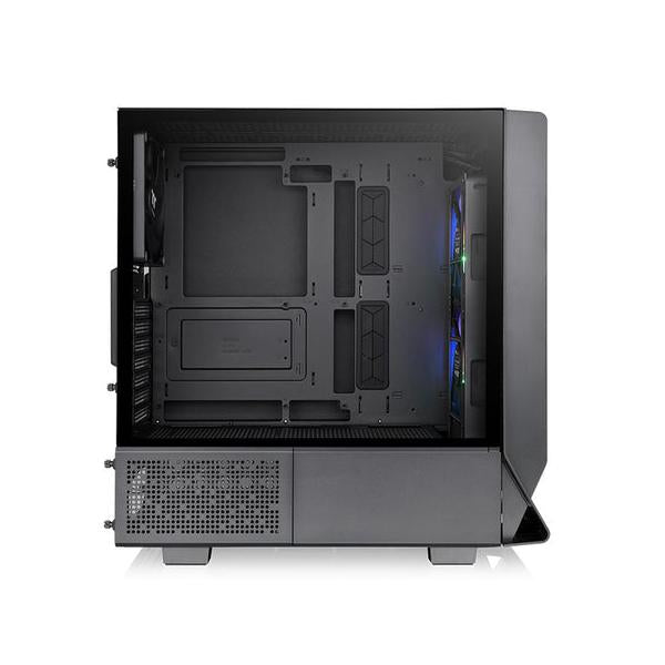 Black ATX PC case with tempered glass side panel, internal RGB lighting, and tool-free drive bays for easy assembly