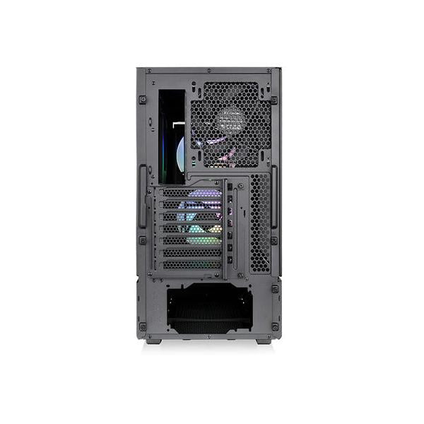 Black ATX PC case with mesh panels and RGB fans, ideal for gaming or business IT builds