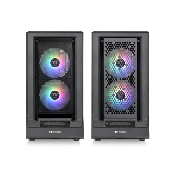Two black Thermaltake PC cases with RGB fans, front mesh panel, and tempered glass side panels for custom builds.