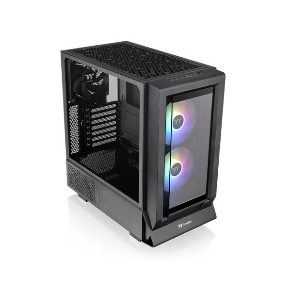 Black mid-tower PC case with tempered glass side panel and RGB fans, ideal for gaming or business IT setups