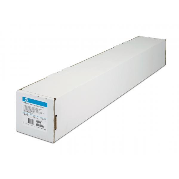 HP glossy photo paper roll for printers, white packaging with blue label, ideal for high-quality prints