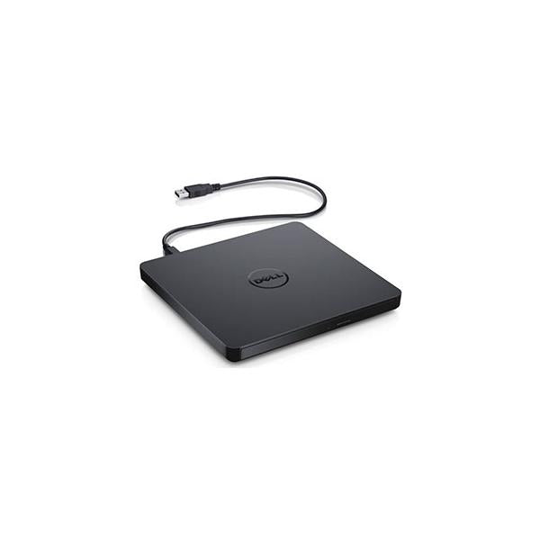 Dell USB external DVD drive for laptops, compact black design with USB cable
