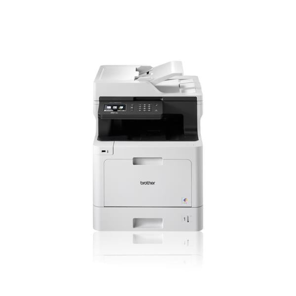 Brother multifunction printer for office use, sleek white design with control panel