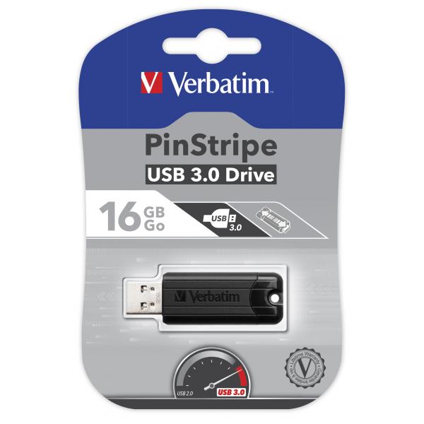 Verbatim PinStripe 16GB USB 3.0 flash drive in retail packaging, black design with speed indicator