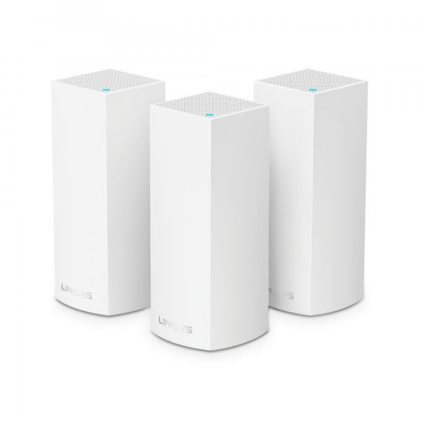 Three white Linksys mesh Wi-Fi routers for seamless home or office coverage