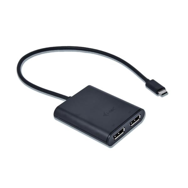 USB-C to dual HDMI adapter for monitors, compact black converter with cable