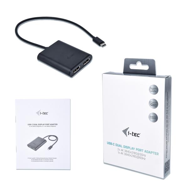 i-tec USB-C dual display port adapter with packaging and manual, supports 4K dual monitors