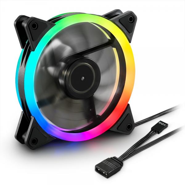 RGB PC case fan with vibrant multicolor LED lighting and 4-pin connector for cooling systems