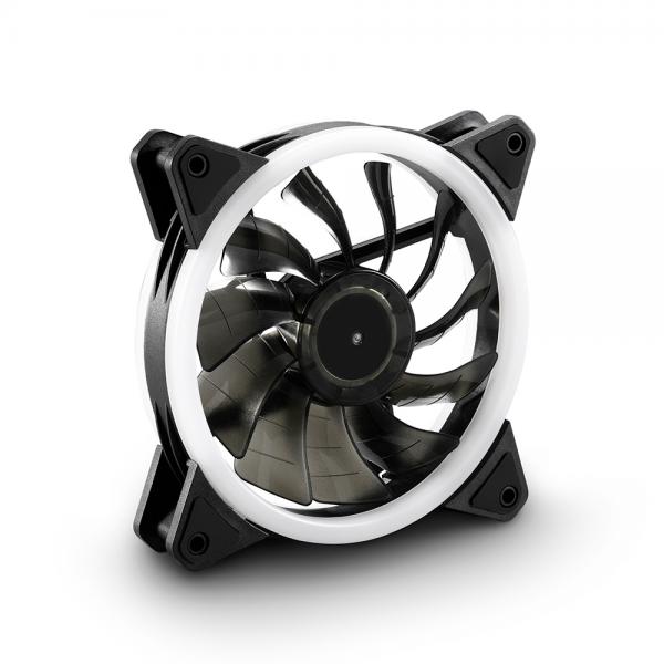 Black and white PC case fan with LED ring, ideal for cooling computer hardware components