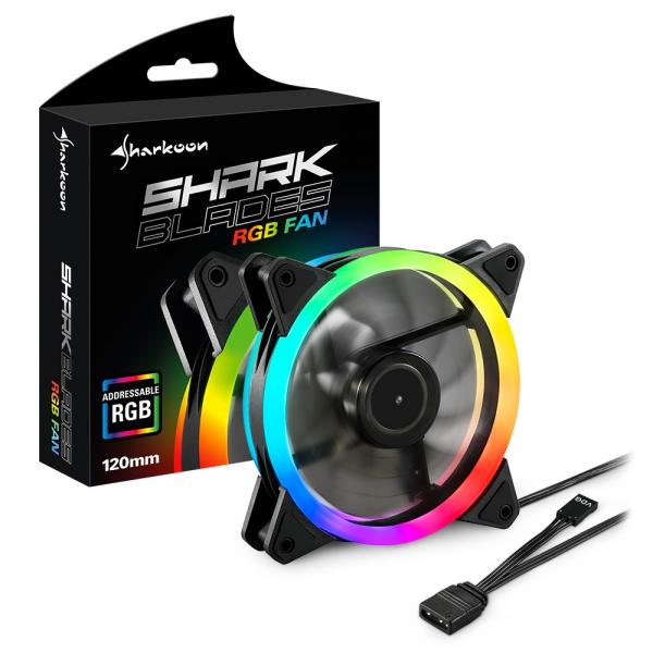 Sharkoon Shark Blades 120mm RGB fan with addressable lighting, ideal for PC cooling and custom builds