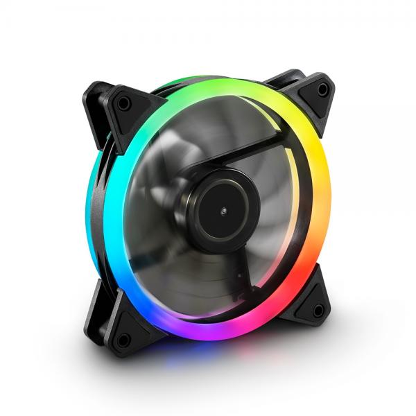 RGB PC case fan with vibrant multicolor LED lighting, ideal for gaming and custom builds