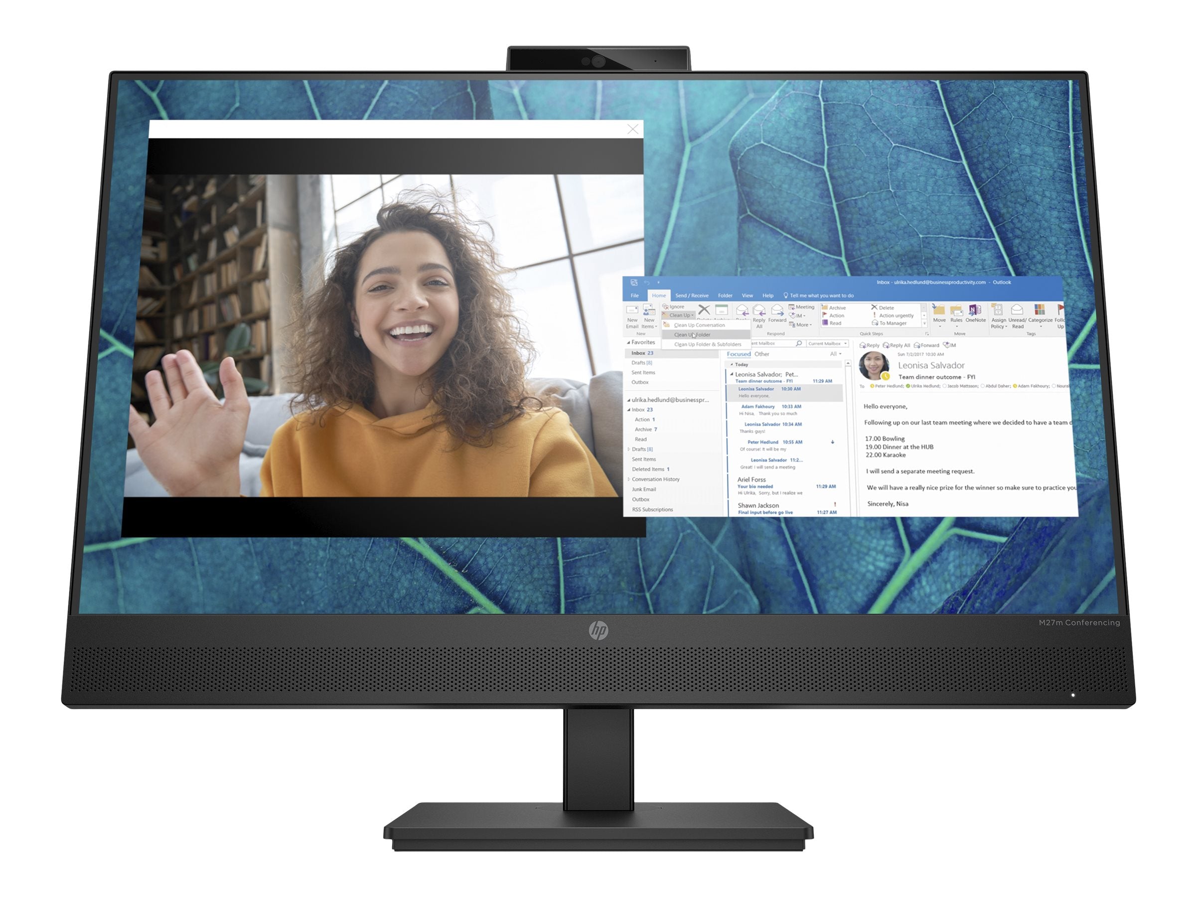 HP M27m Conferencing monitor displaying video call and email app, ideal for business productivity and remote work.