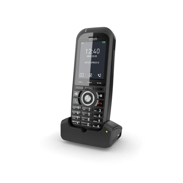 Snom DECT cordless phone with charging base, displaying time and contact info on screen