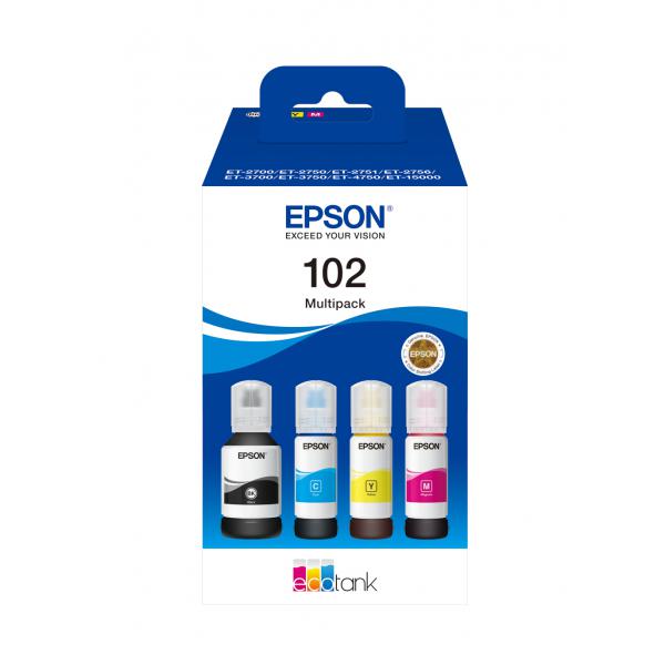 Epson 102 EcoTank ink multipack with black, cyan, yellow, magenta bottles for compatible printers