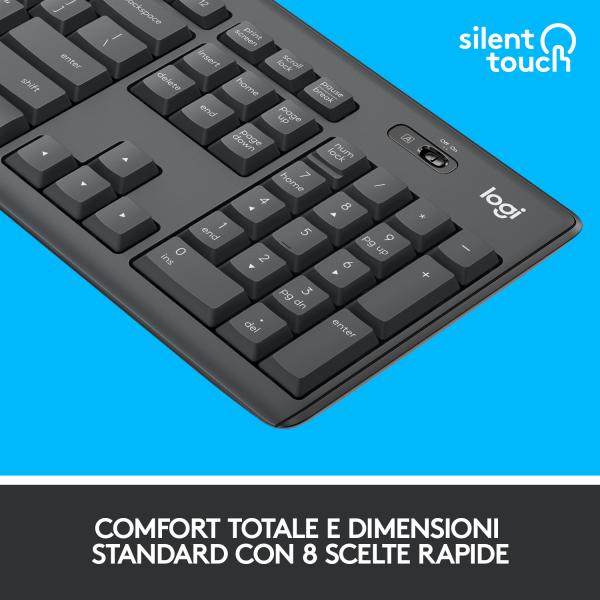 Logitech silent touch keyboard with 8 shortcut keys, standard size, black design on blue background