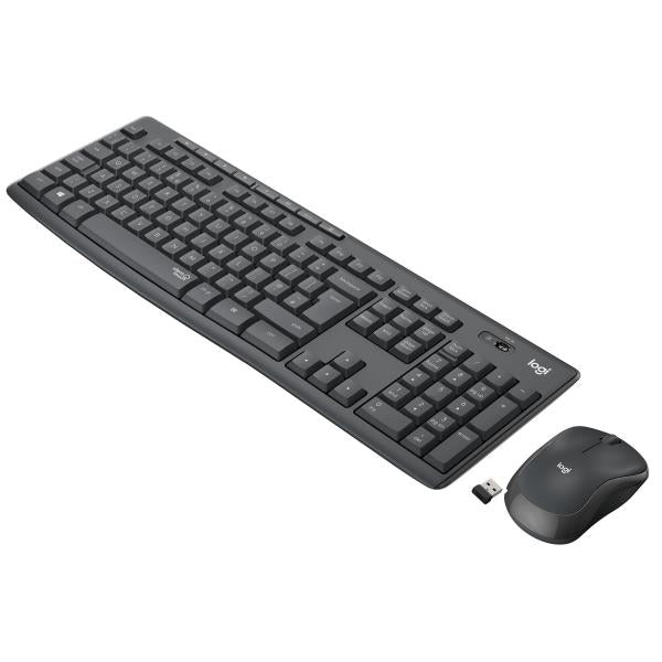 Logitech wireless keyboard and mouse set for office use, sleek black design with USB receiver