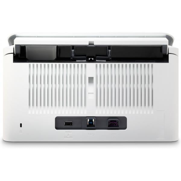 White IT printer rear view with USB and Ethernet ports, ventilation slots, for business use