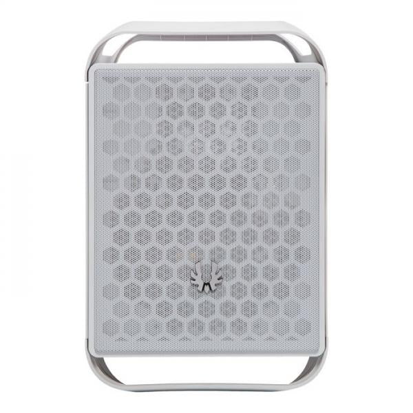 White compact PC case with honeycomb mesh front panel and handle, ideal for IT hardware setups