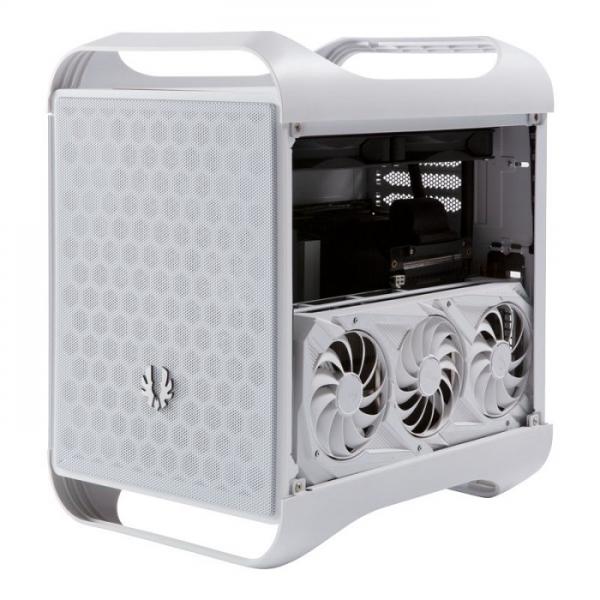 White compact PC case with honeycomb front panel and three fans, ideal for IT hardware setups