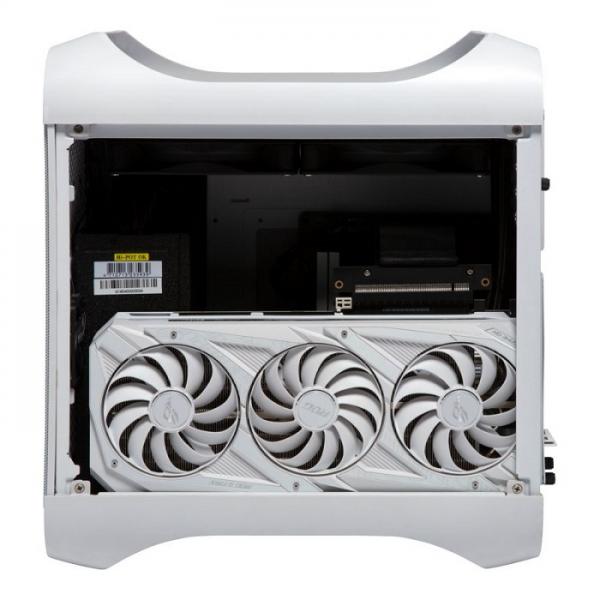 White gaming PC case with triple-fan GPU, ideal for high-performance IT hardware setups