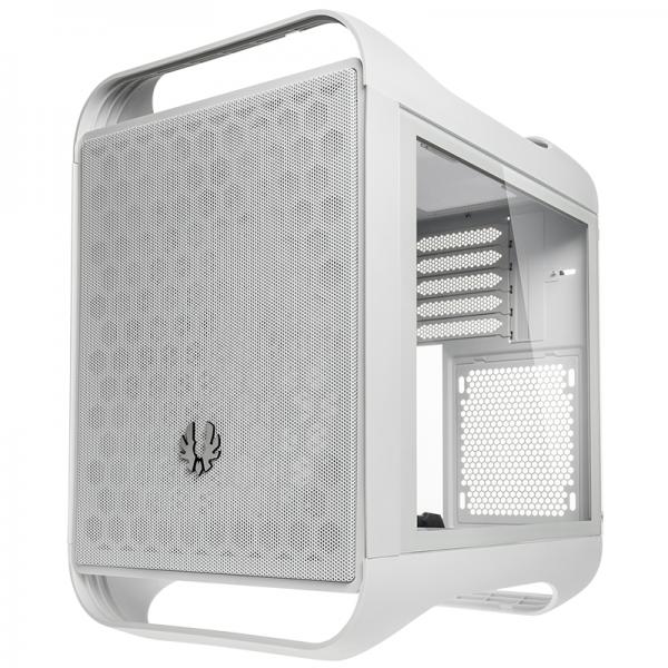White compact PC case with mesh front panel and tempered glass side, ideal for IT hardware setups