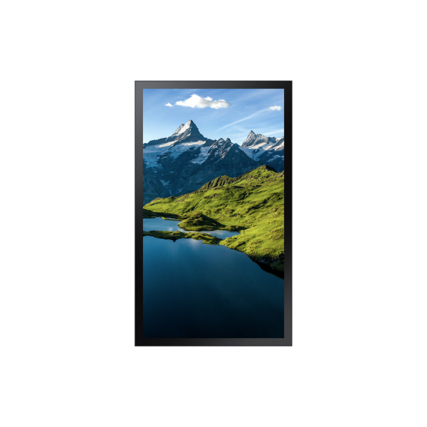 Slim bezel monitor displaying mountain lake landscape, ideal for business IT setups