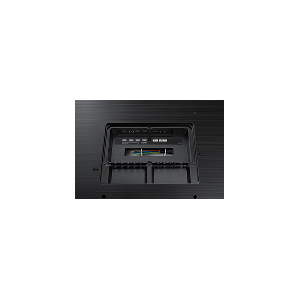 Back view of black IT monitor with cable management and ports for business setup