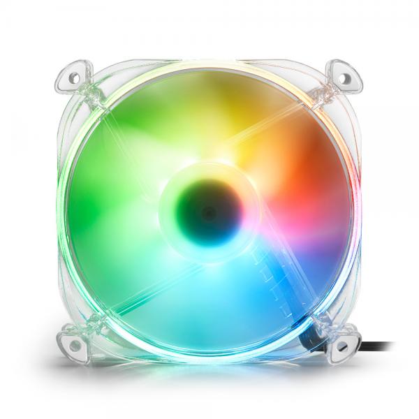RGB PC case fan with transparent frame and vibrant multicolor lighting for cooling and aesthetics