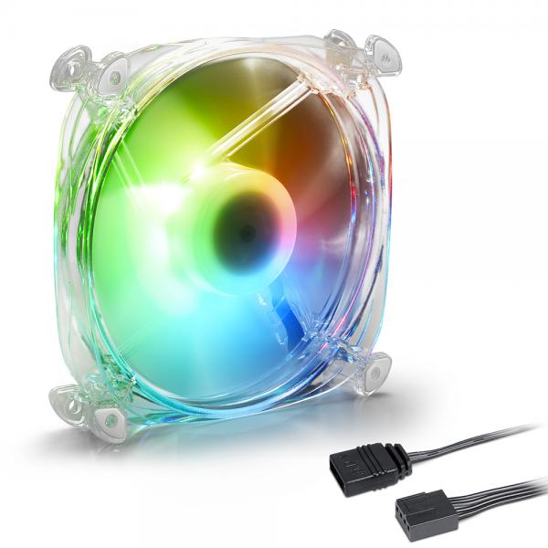 RGB PC case fan with transparent frame and PWM connectors for cooling systems