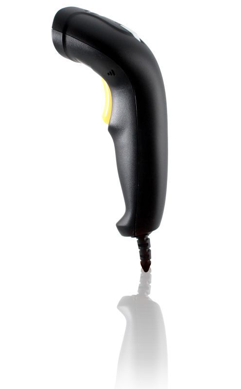 Black handheld barcode scanner with yellow trigger, ideal for retail and inventory management.