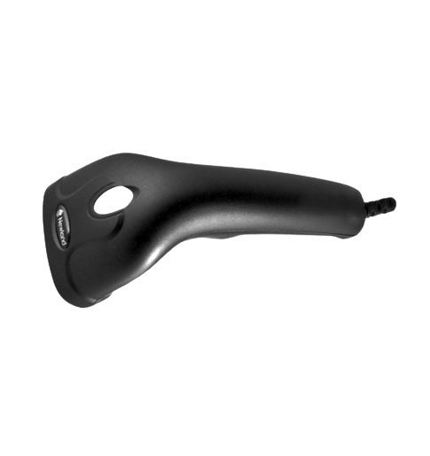 Black handheld barcode scanner for retail and business use, ergonomic design with trigger button