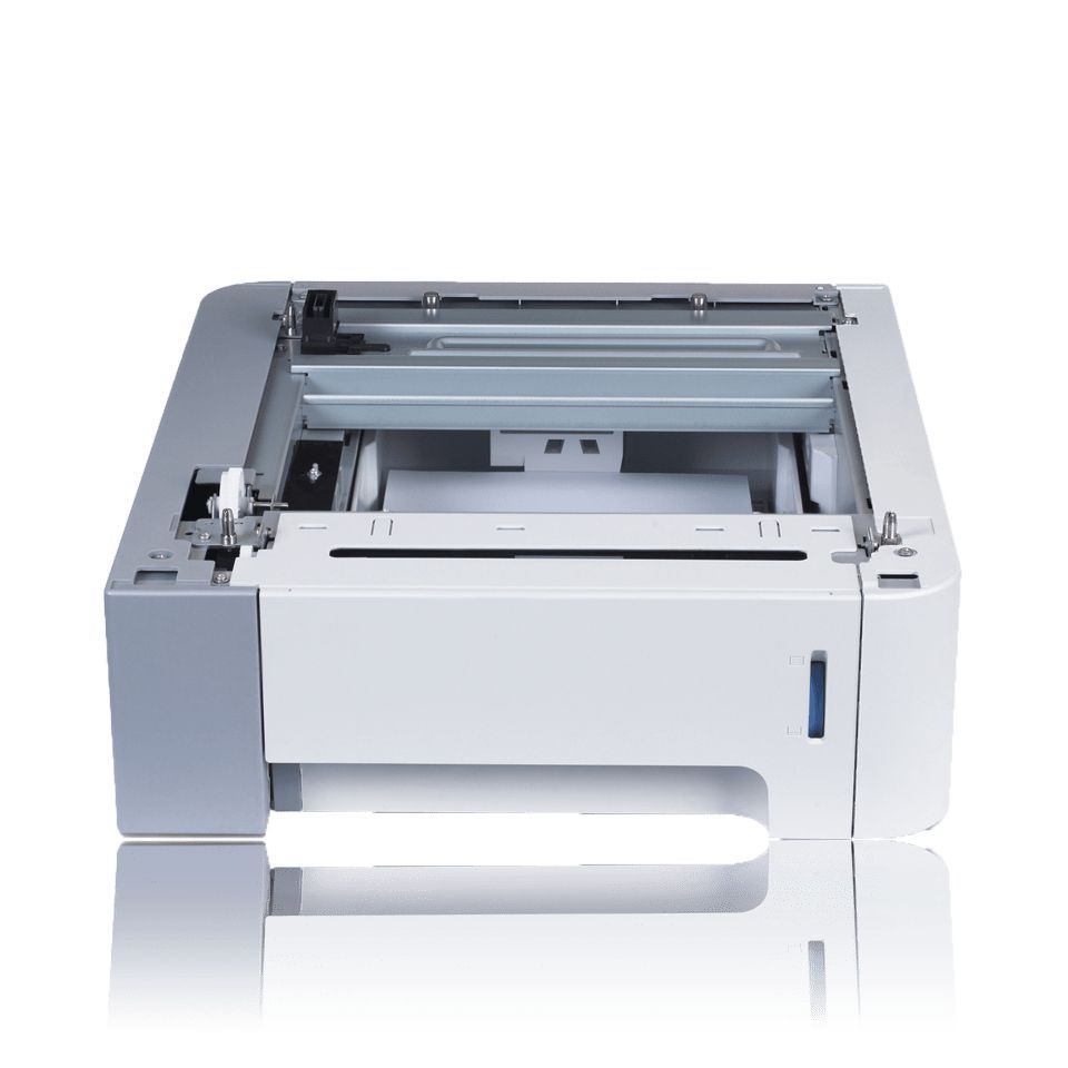 White laser printer with open paper tray, showing internal components for office use