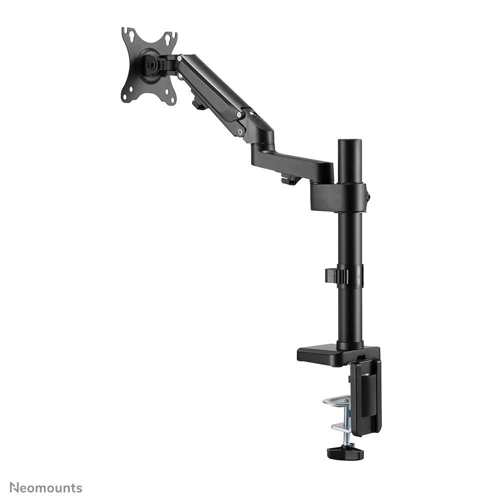 Adjustable black monitor arm with clamp mount for desk, ideal for office setups and ergonomic workspaces