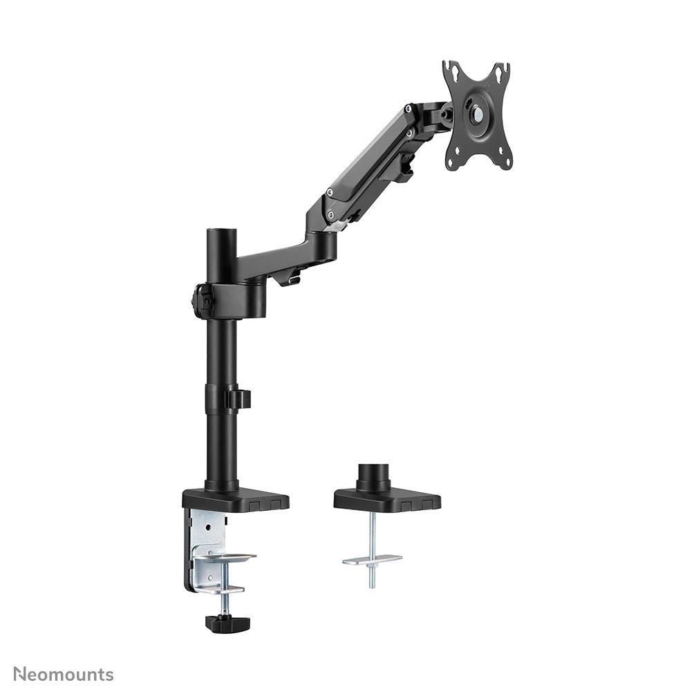 Adjustable black monitor arm with clamp and grommet mount options for ergonomic desk setup