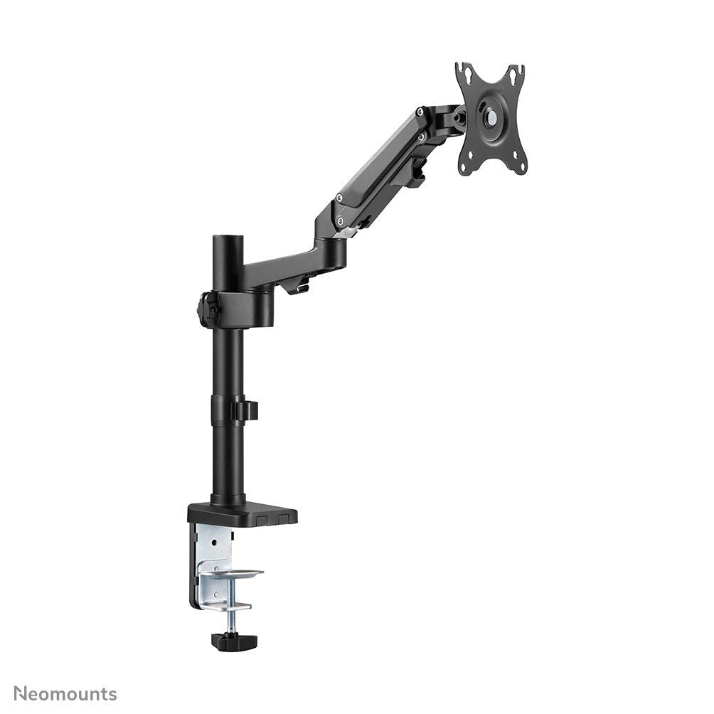 Adjustable black monitor arm with clamp mount for desk, ideal for office setups and ergonomic workspaces