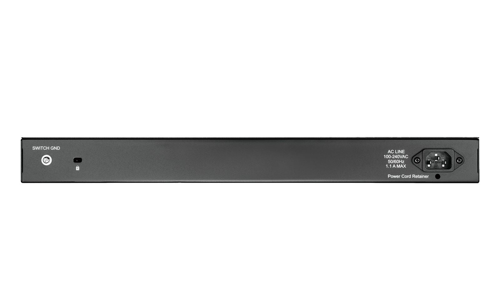 Black IT power distribution unit with AC line input, switch ground, and power cord retainer for server racks