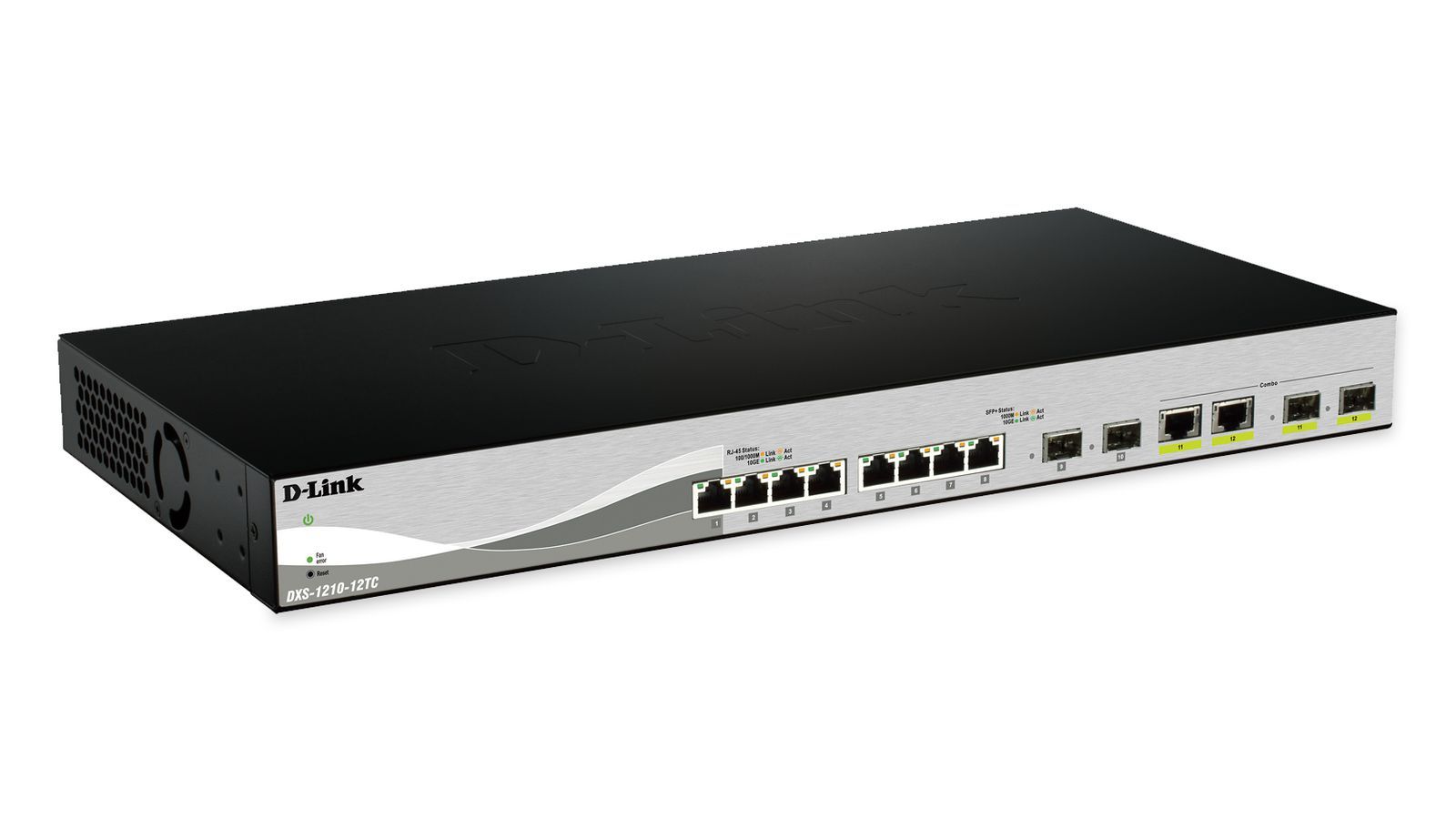 D-Link DXS-1210-12TC managed switch with 12 ports, SFP slots, and combo ports for business networking